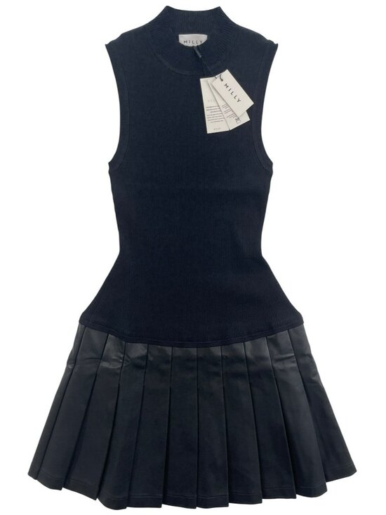 Milly Dresses & Skirts - Milly Leather Pleated Skirt Knit Dress Black Sleeveless Ribbed Mock Neck Size P